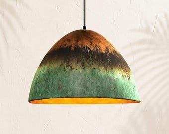 Lámpara colgante de cobre con pátina verde, lámpara de techo rústica industrial oxidada, iluminación de cocina hecha a mano