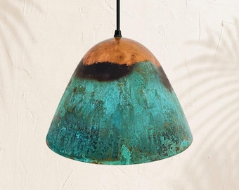 Green Patina Copper Pendant Light, Rustic Cone Ceiling Lamp, Handmade Hanging Light
