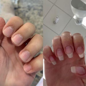 May include: A split image showing two hands with nails. The left hand has short, unpolished nails. The right hand has longer nails with a French manicure style, featuring a white tip and a clear base.