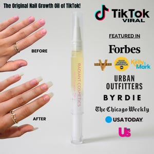 May include: A before-and-after image of nail growth. The image features a clear pen-like applicator of Radiant Cosmetics Nail Growth Oil. The text reads "The Original Nail Growth Oil of TikTok!" and "Featured in Forbes, Urban Outfitters, and more."