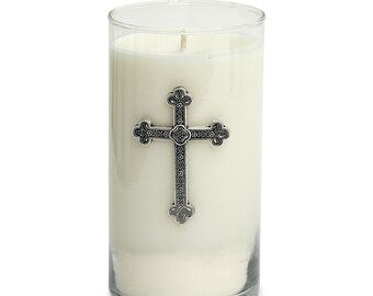 Round Glass Tall Soy Wax Candle with Antique Silver Metal Cross (18 Oz) [Unscented]