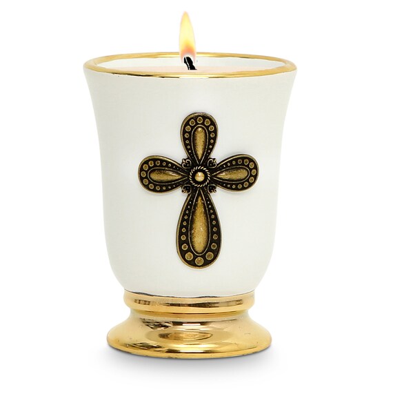 Deluxe Cup Ceramic Soy Wax Candle with pure gold hand painted rims and Brass Metal Cross ornament (12 Oz)