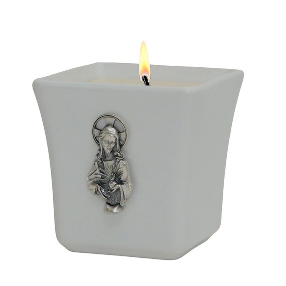 Square Ceramic Container Soy Wax Candle with Metal Sacred Heart Ornament (14 Oz)