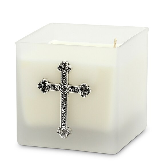 Square Frosted Glass Container Soy Wax Candle with Antique Gold or Silver Metal Cross (18 Oz)