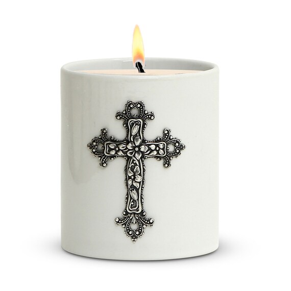Porcelain Soy Wax Candle with Silver or Brass Metal Cross Ornament (11 Oz)