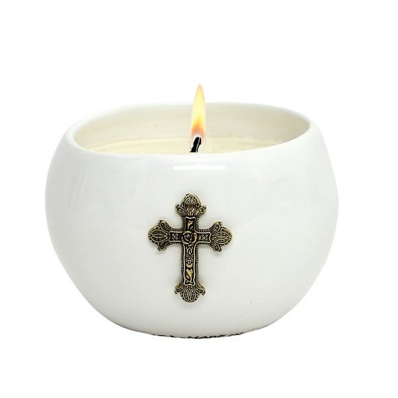 PURITY: Ceramic Sphere Candle - with Antique Gold Metal Cross ornament (10 Oz) - Perfect as First Communion or Confirmation favor.
