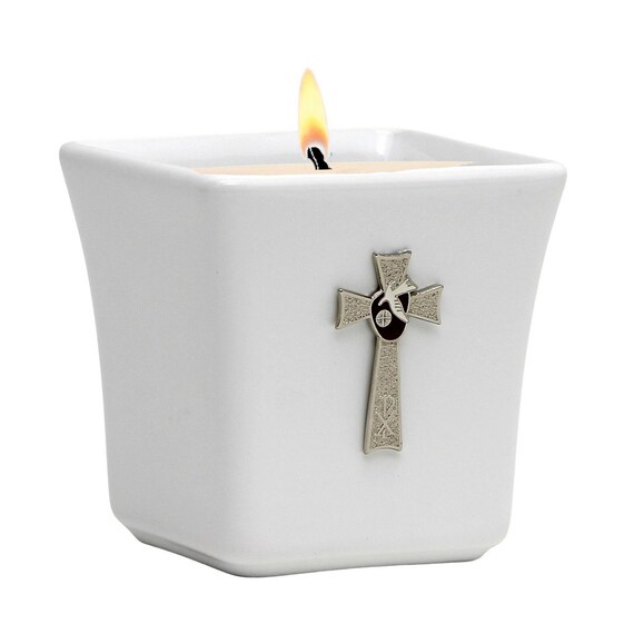 Square Ceramic Container Soy Wax Candle with White and Red Enamel Accents Confirmation Crucifix - Great Easter gift as well. (14 Oz)