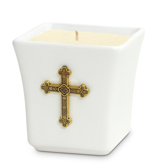 Square Ceramic Container Soy Wax Candle with Antique Gold Metal Cross Ornament (14 Oz)
