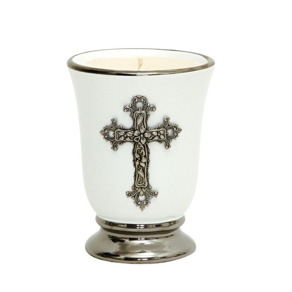 Deluxe Cup Ceramic Soy Wax Candle with pure Platinum hand painted rims and Silver Color Metal Cross ornament (12 Oz)
