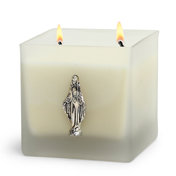 Square Frosted Glass Container Soy Wax Candle with Silver Color Virgin Mary (18 Oz)