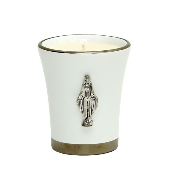 Deluxe Flared Ceramic Soy Wax Candle  with pure gold hand painted rims and Virgin Mary ornament (12 Oz)
