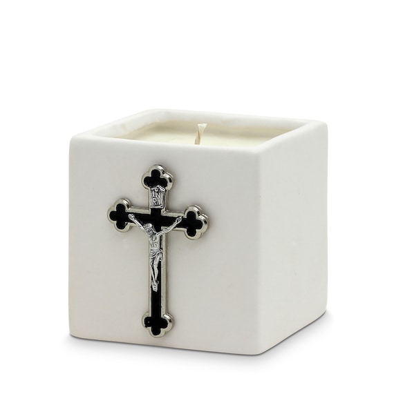 White Ceramic Small Candle with Chrome/Black Metal Crucifix Ornament (14 Oz) Perfect as First Communion or Confirmation favor.