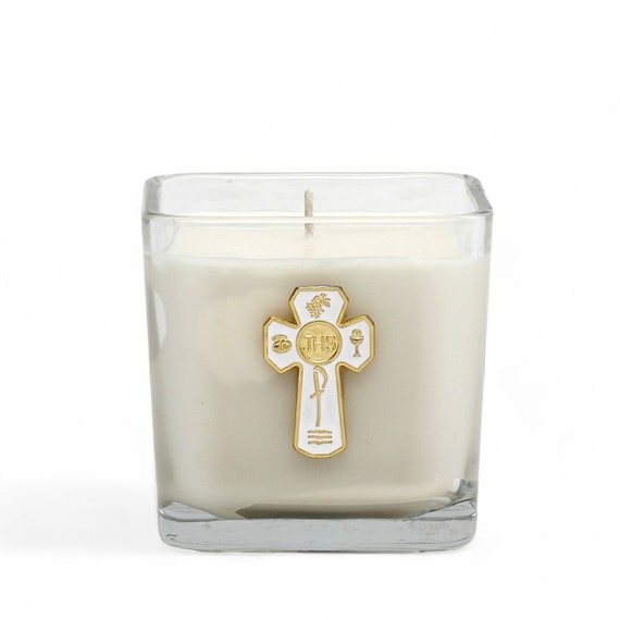 Medium Square Glass Candle with 5 Way JHS Communion Crucifix with white enamel.  (14 Oz)