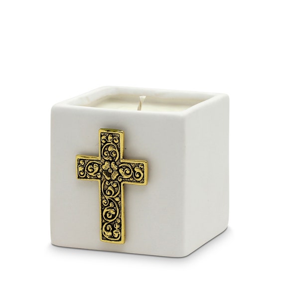 White Ceramic Small Candle with Antique Gold Metal Cross Ornament (14 Oz) Perfect as First Communion or Confirmation favor.