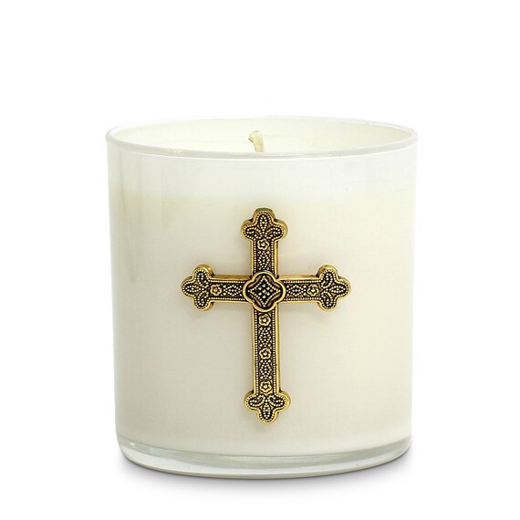 Round White Glass Soy Wax Candle with Antique Gold Metal Cross (10 Oz)