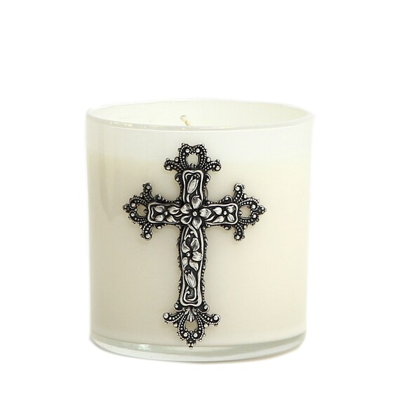 Round White Glass Soy Wax Candle with Metal Cross (10 Oz)