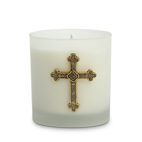 Round Frosted Glass Soy Wax Candle with Antique Gold Metal Cross (8 Oz)