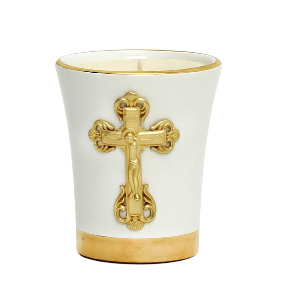 Deluxe Flared Ceramic Soy Wax Candle  with pure gold hand painted rims and Premium Gold plated Metal Cross ornament (12 Oz)