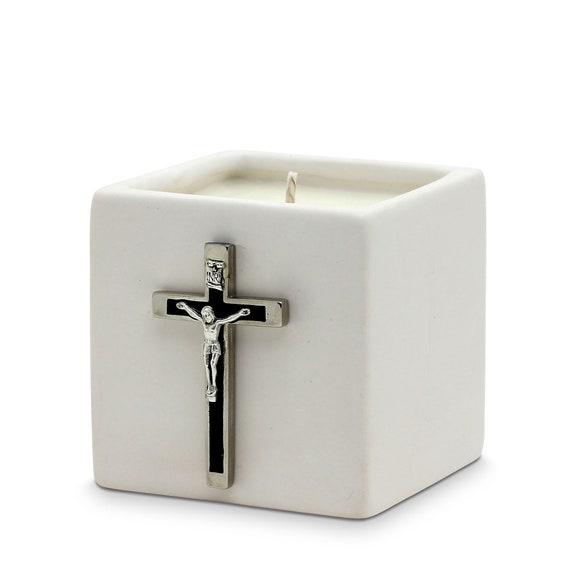 White Ceramic Small Candle with Chrome/Black Metal Crucifix Ornament (14 Oz) Perfect as First Communion or Confirmation favor.