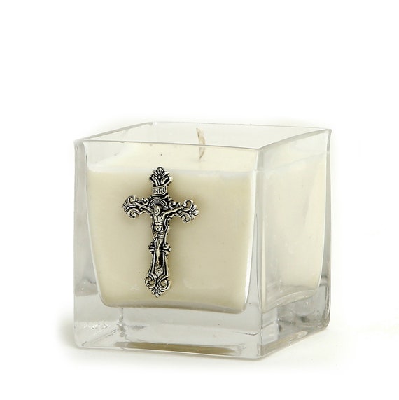 Glass Container Soy Wax Candle with Silver Metal Catholic Crucifix 3.25" (10 Oz) [Unscented]
