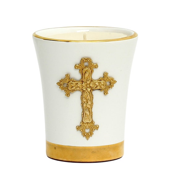 Deluxe Flared Ceramic Soy Wax Candle  with pure gold hand painted rims and Gold plated Metal Cross ornament (12 Oz)