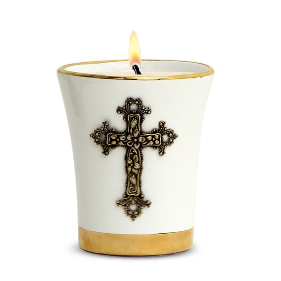 Deluxe Flared Ceramic Soy Wax Candle  with pure gold hand painted rims and Antique Brass Metal Cross ornament (12 Oz)