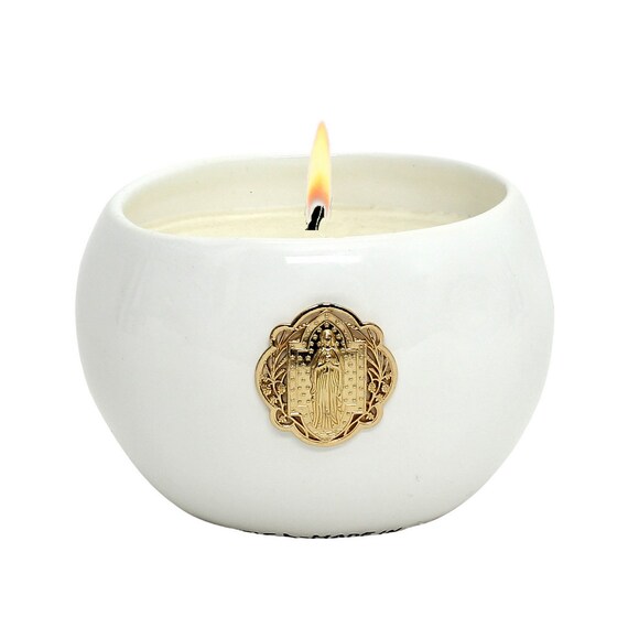PURITY: Ceramic Candle with Gold color Metal Cross Virgin Mary ornament (10 Oz) - Perfect as First Communion or Confirmation favor.