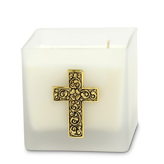 Square Frosted Glass Container Soy Wax Candle with Antique Gold or Antique Silver Metal Cross (18 Oz)