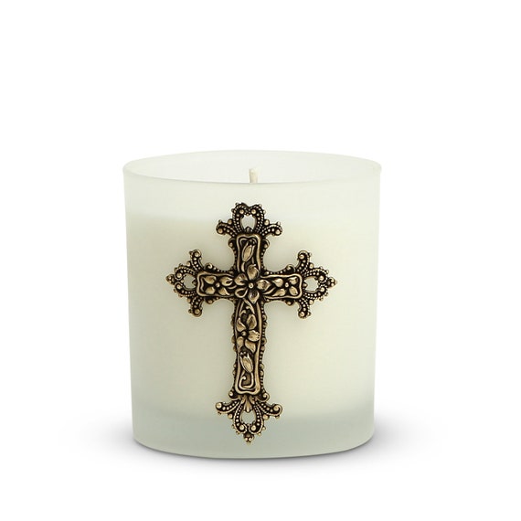 Round Frosted Glass Soy Wax Candle with Brass Metal Cross (8 Oz)
