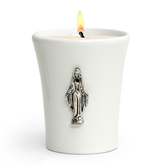 Ceramic Flared Candle - Soy Wax with Virgin Mary Ornament  (11 Oz)
