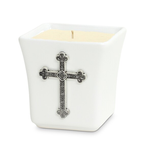 Square Ceramic Container Soy Wax Candle with Antique Silver Metal Cross Ornament (14 Oz)