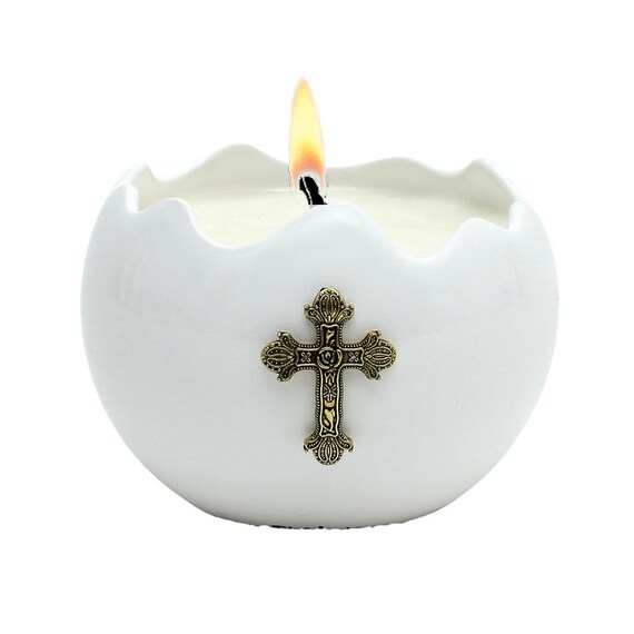 PURITY: Ceramic Candle Fluted - with Antique Gold Metal Cross ornament (10 Oz) - Perfect as First Communion or Confirmation favor.