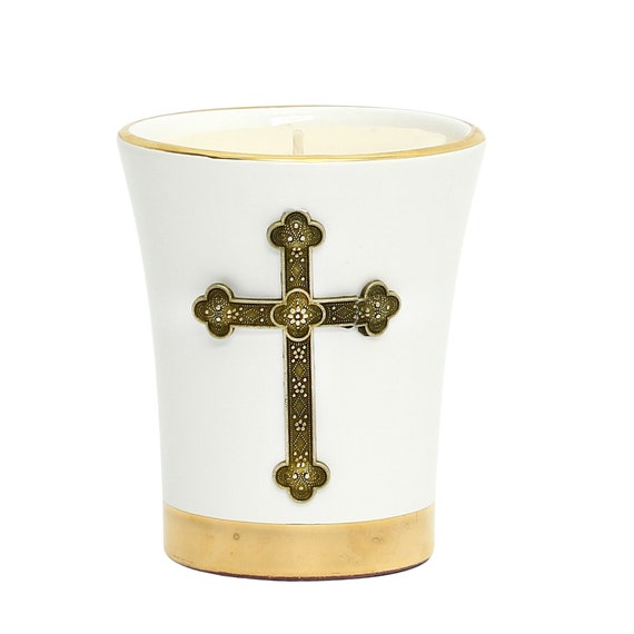 Deluxe Flared Ceramic Soy Wax Candle  with pure gold hand painted rims and Gold plated Metal Cross ornament (12 Oz)