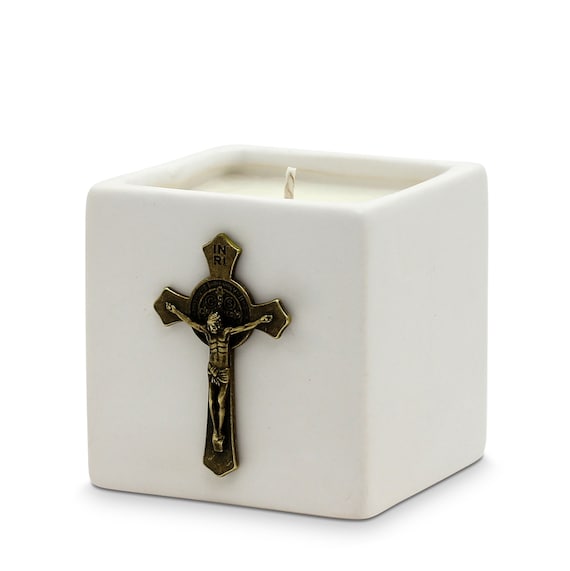 White Ceramic Small Candle with Bronze Color Crucifix Ornament (14 Oz) Perfect as First Communion or Confirmation favor.