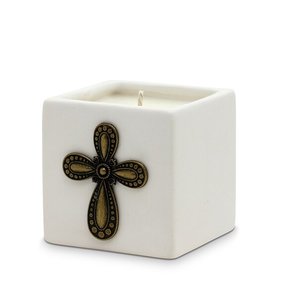 White Ceramic Small Candle with Bronze Metal Cross Ornament (14 Oz) Perfect as First Communion or Confirmation favor.