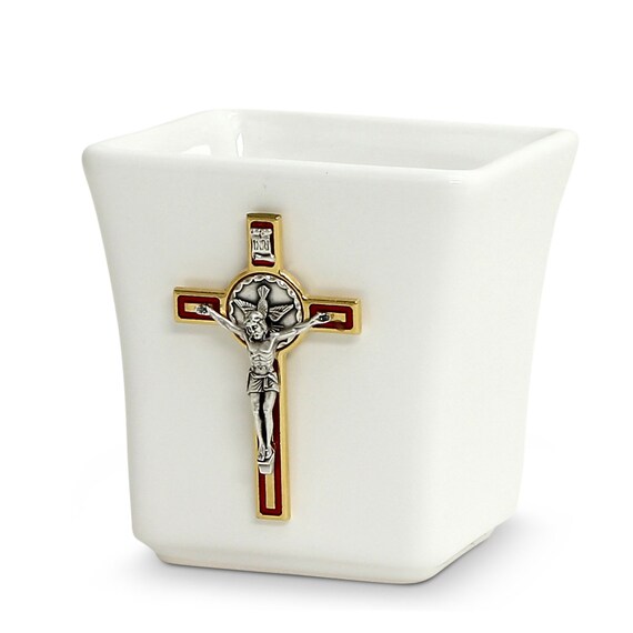 Square Ceramic Container Soy Wax Candle with Metal St. Benedict Crucifix Ornament (14 Oz)