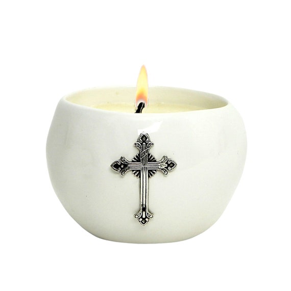 PURITY: Ceramic Sphere Candle - with Antique Silver Metal Cross ornament (10 Oz) - Perfect as First Communion or Confirmation favor.