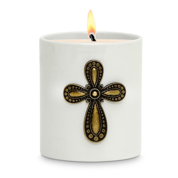 Porcelain Soy Wax Candle with Brass Metal Cross ornament  (11 Oz)