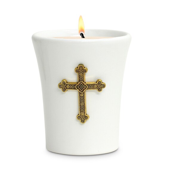 Ceramic Flared Candle - Soy Wax Candle with Antique Gold Metal Cross ornament  (11 Oz)