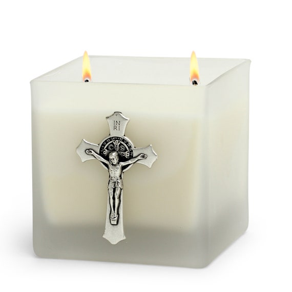 Square Frosted Glass Container Soy Wax Candle with St Benedict Crucifix (18 Oz)