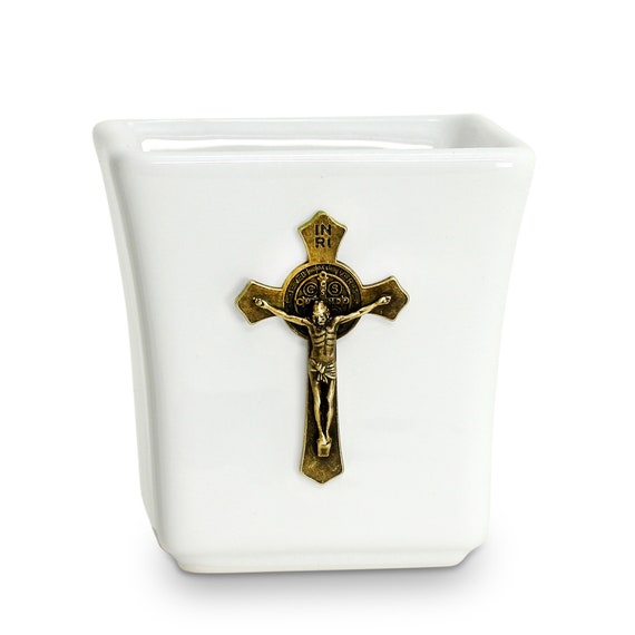 Square Ceramic Container Soy Wax Candle with Metal Crucifix Ornament (14 Oz)