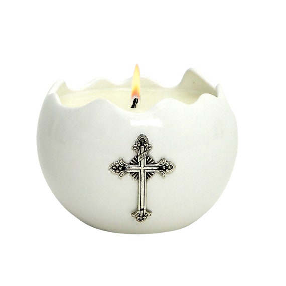PURITY: Ceramic Candle Fluted Rim - with Antique Silver Metal Cross (10 Oz) - Perfect as First Communion or Confirmation favor.