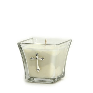 Flared Glass Candle with Silver Metal Catholic Crucifix 3" (6 Oz) [Unscented] Perfect as First Communion or Confirmation favor.