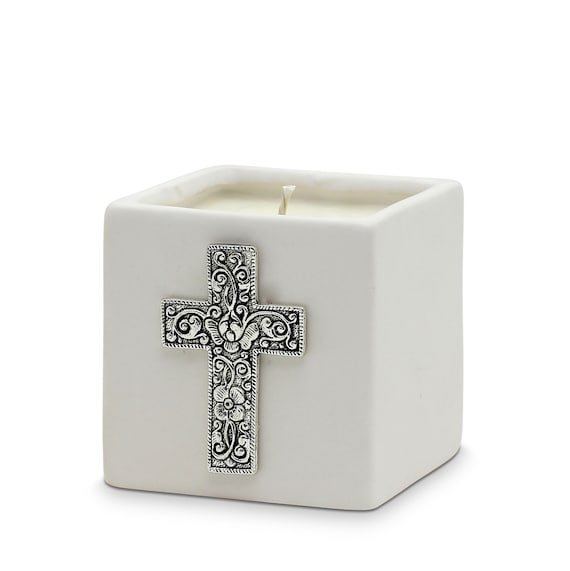 White Ceramic Small Candle with Silver Color Metal Cross Ornament (14 Oz) Perfect as First Communion or Confirmation favor.