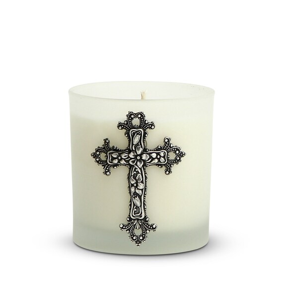 Round Frosted Glass Soy Wax Candle with Silver Metal Cross (8 Oz)