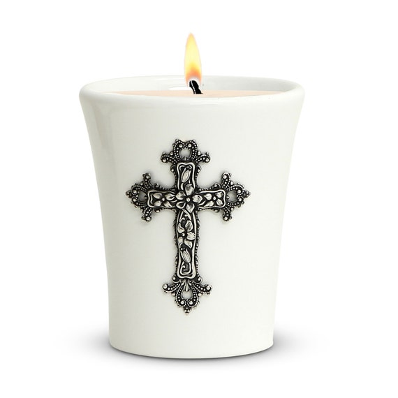 Ceramic Flared Ceramic Container Soy Wax Candle with Silver or Brass Metal Cross Ornament  (11 Oz)