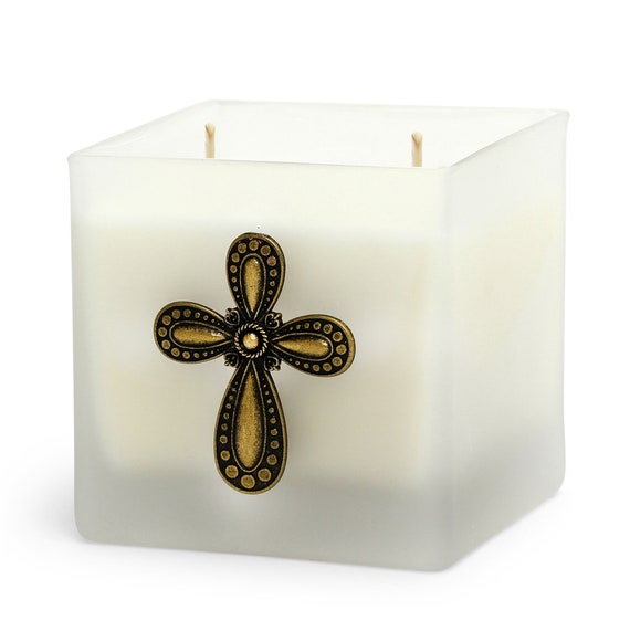 Square Frosted Glass Container Soy Wax Candle with Brass Color Cross (18 Oz)