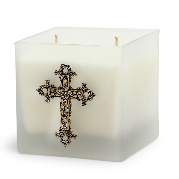 Square Frosted Glass Container Soy Wax Candle with Silver or Brass Color Cross (18 Oz)