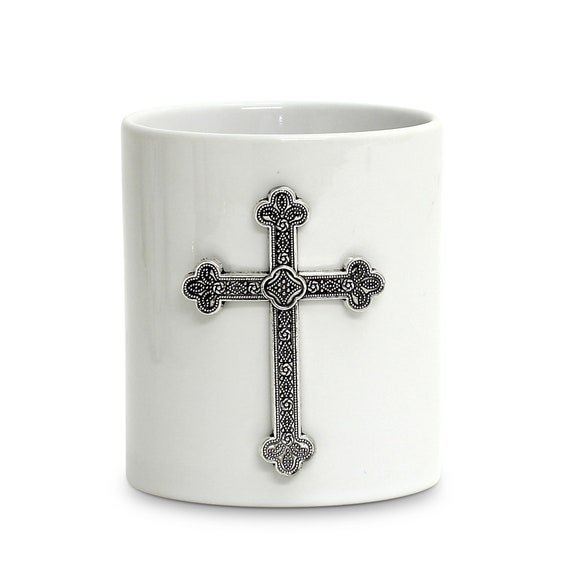 Porcelain Soy Wax Candle with Antique Silver Metal Cross ornament (14 Oz)