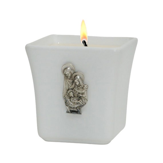 Square Ceramic Container Soy Wax Candle with Metal Sacred Family Ornament (14 Oz)
